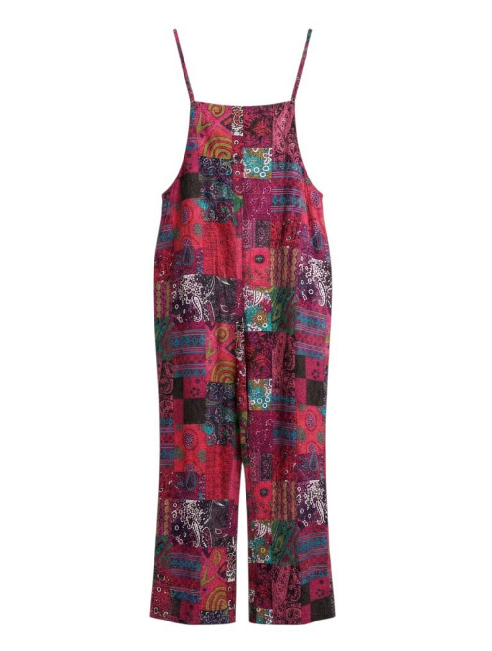 Boho Yes No Printed Patchwork Wide-Leg Jumpsuit - Pink SZXL